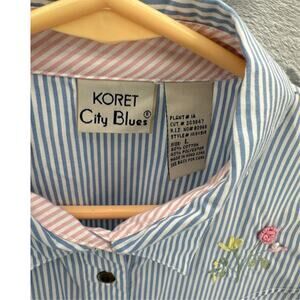 Koret City Blues Floral Striped Blue Pink Cottage Granny Button Up Blouse Large